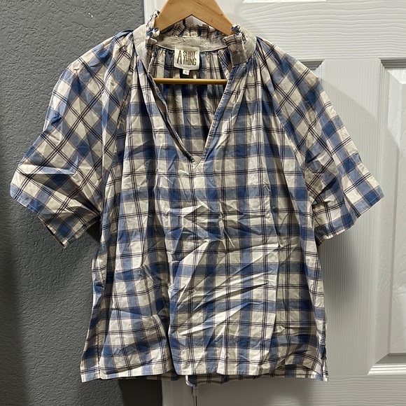 a shirt thing Tops - A shirt thing blue cream plaid women’s blouse size large 100% cotton